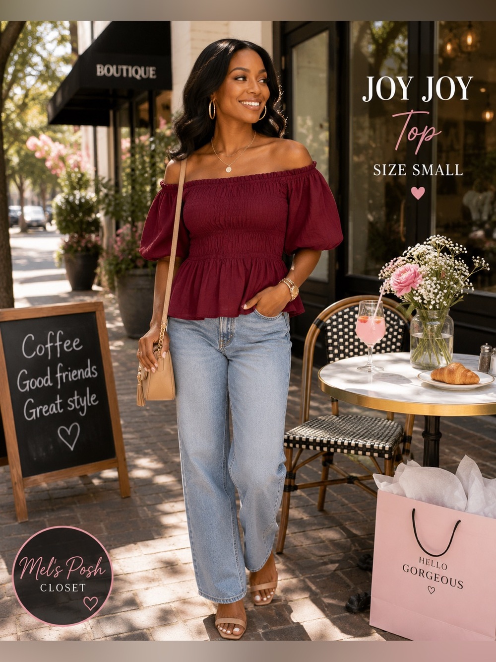 💫Joy Joy Burgundy Off-the-Shoulder Smocked Peplum Top | Size Small |